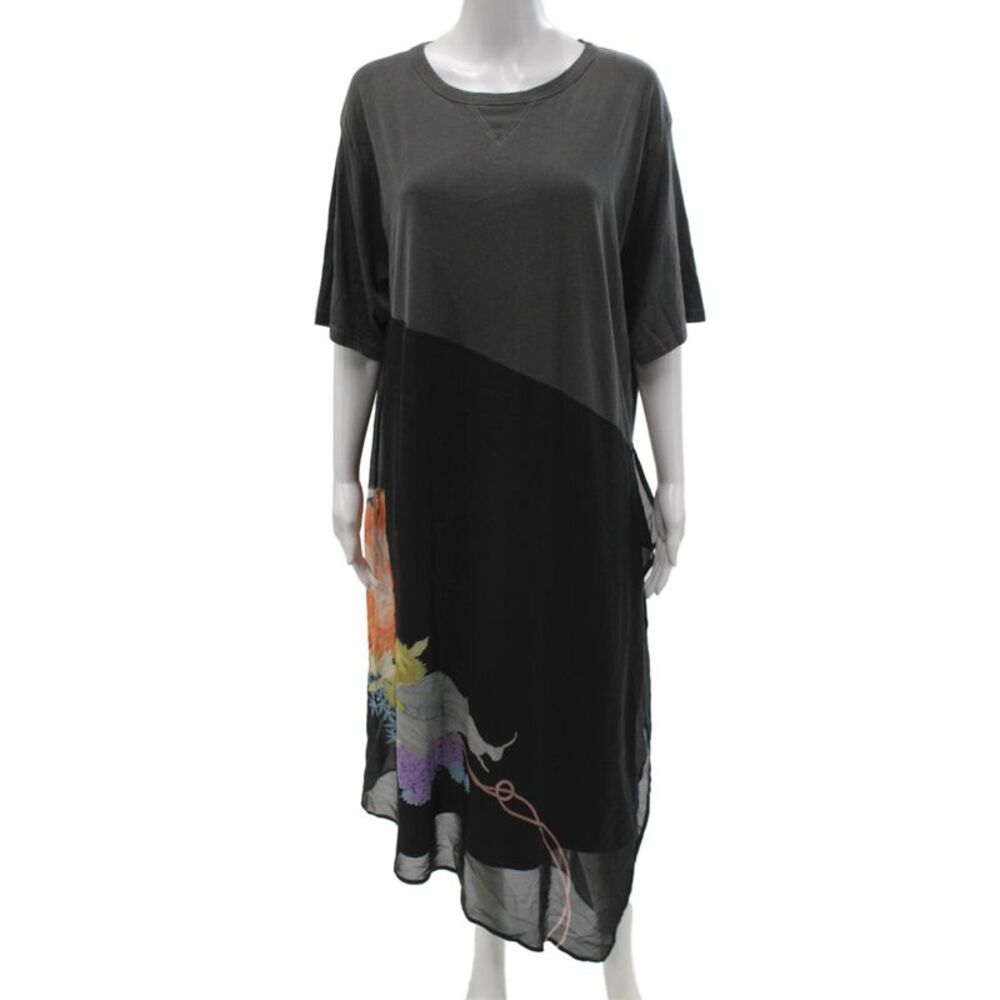 Dries Van Noten Womens Black Floral Colorblock T Shirt Dress Short Sleeve Size L
